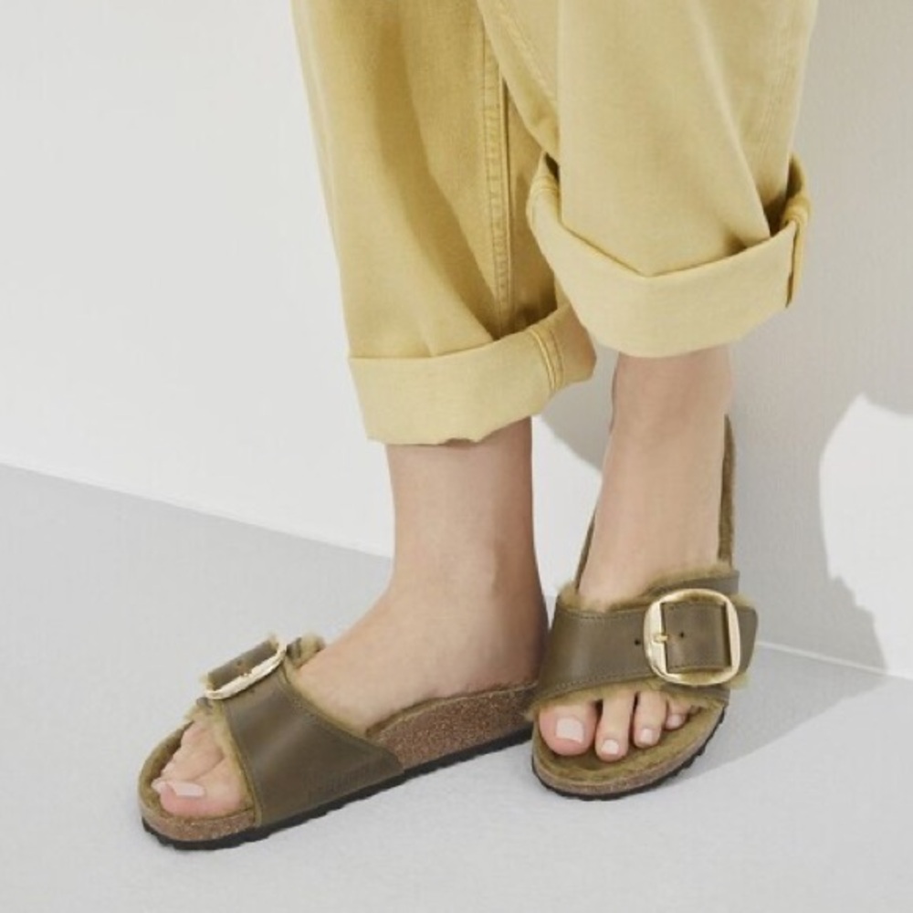 Birkenstock Madrid Big Buckle Shearling Natural Leather Oiled in Olive